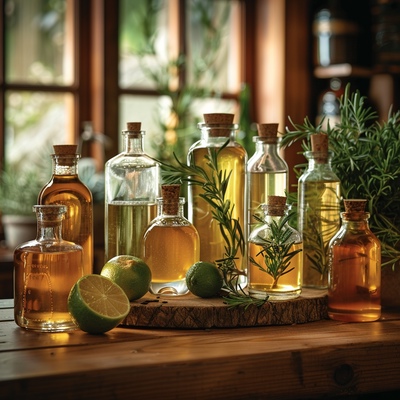 natural edible oil 
A collection of artisan oils in transparent bottles, infused with herbs, illuminated under warm, ambient kitchen light stm group