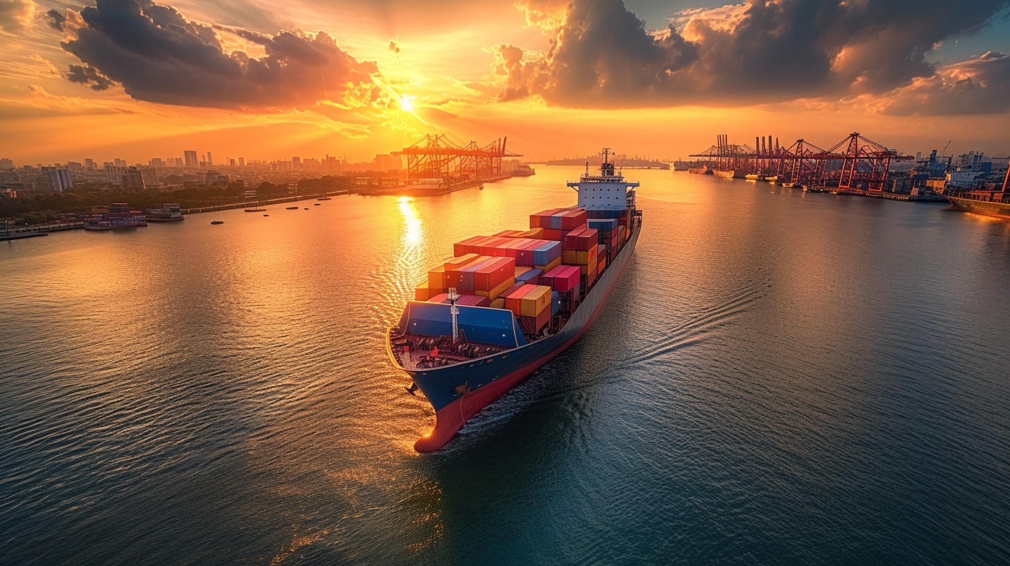 A large cargo ship laden with containers sails into the sunset near a bustling port russia stm group